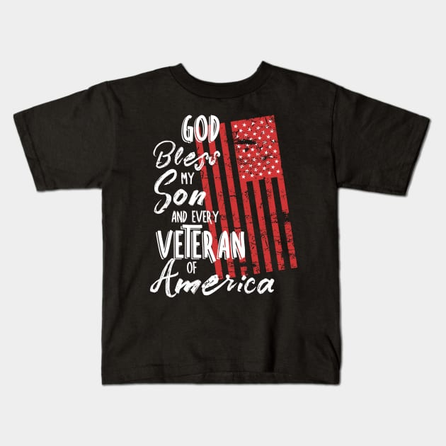 God Bless My Son American Flag Distressed Kids T-Shirt by 4Craig